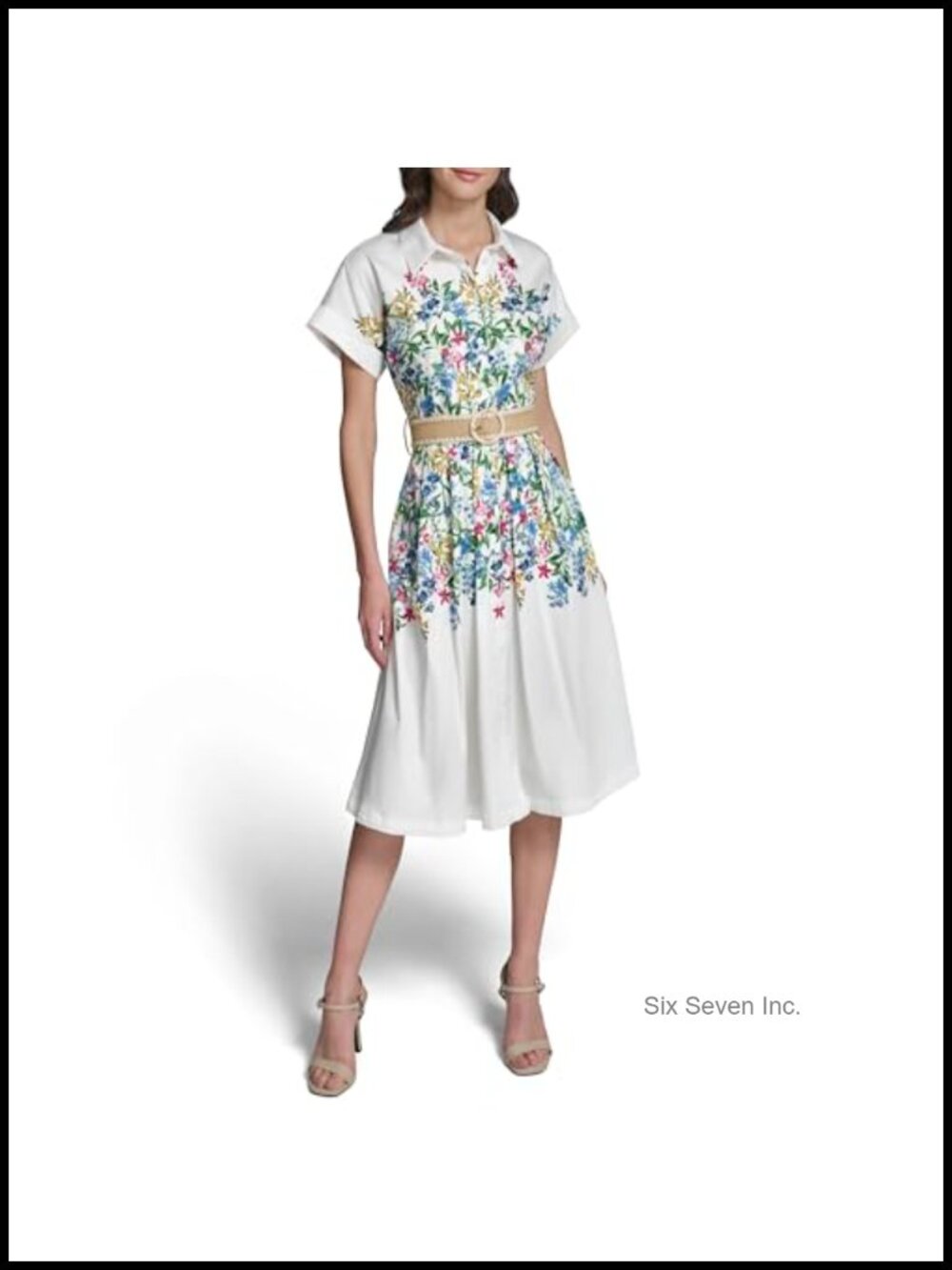 Short Sleeve Collared Floral Belted Fit & Flare Midi Dress